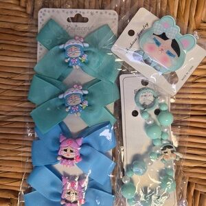 Cute Cry baby Hair Bows, hair clip and Beaded key chain Bracelet Set